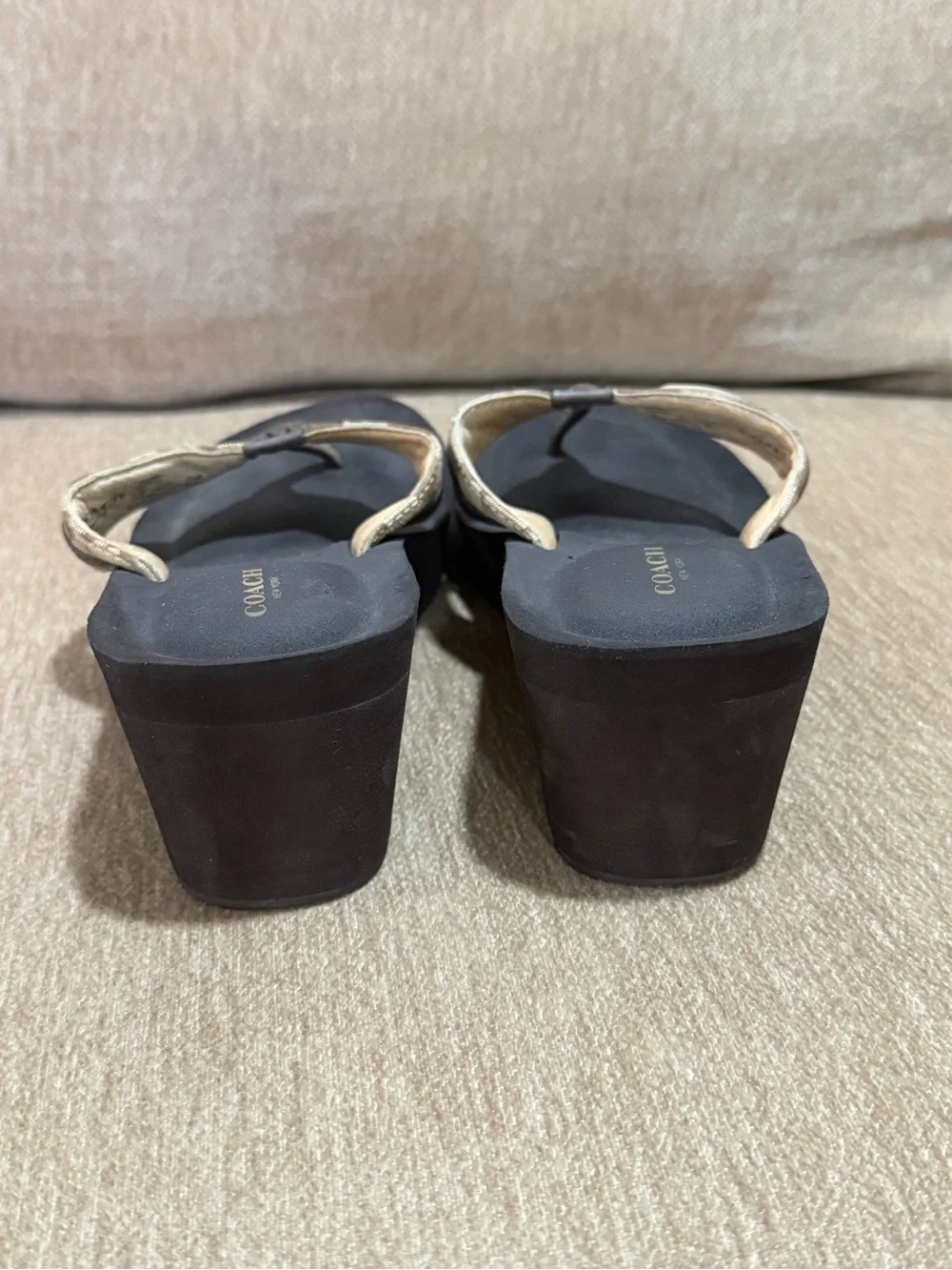 Coach Brown and Tan Signature Wedge Thong Sandals